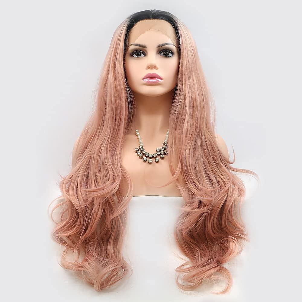 All kinds of Lace Front Wig With Dark Brown Roots Long Natural Hair Heat Resistant Synthetic for Fashion Girls Women Daily Style 24 Inch (Orange pink)