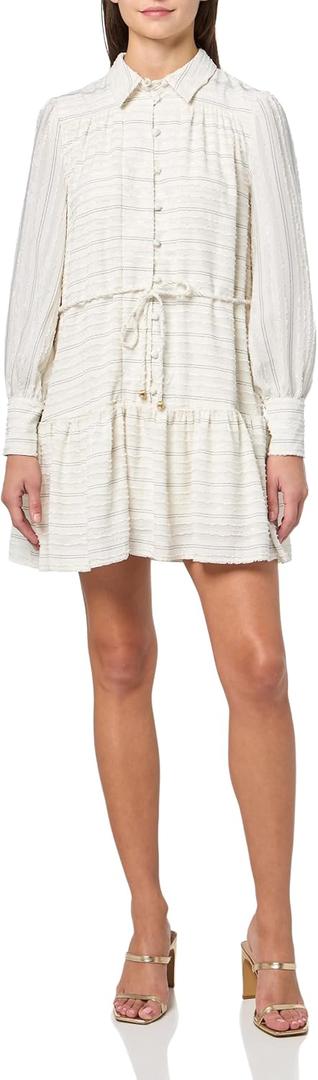 BCBG Women's Long Sleeve Collared A-Line Mini Dress with Tie Belt (White, M)
