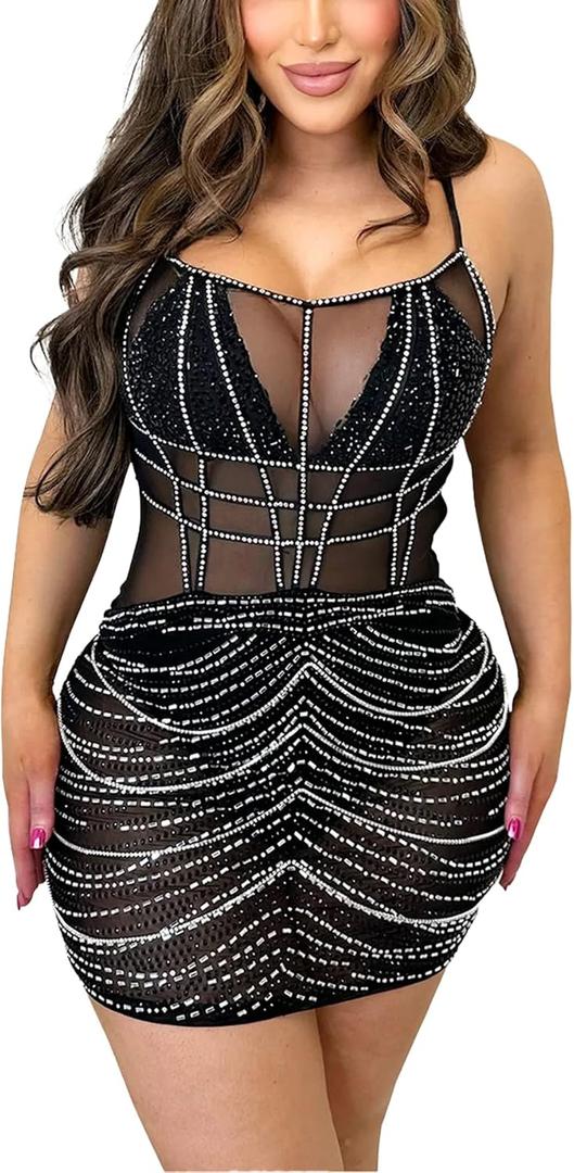 Women's Sexy Rhinestone Birthday Party Dress Cami Bodysuit Chains Clubwear Mesh See Through Bodycon Mini Dress(6382,Black,XL)