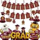 Maroon Gold Balloons Burgundy GRAD Print Balloons with Banner Table Honeycomb Centerpieces Hanging Swirl trophy star GRAD Letters Mylar Balloons for 2026 graduate Prom Decorations