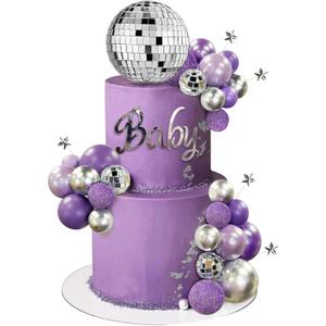 32PCS Disco Purple Ball Cake Topper Decoration for Wedding Birthday Baby Shower Party Cake Decoration Supplies