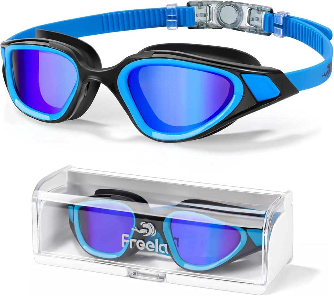 Freela Polarized Unisex Adult Swimming Goggles, UV400 Protection Anti Fog 180 Wide Clear View for Men Women Youth (Polarized Blue)