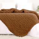 YAAPSU Chunky Knit Throw Blanket for Couch, 51"x63", 100% Hand Knitted Thick Cable Knit with Cozy Jumbo Chenille Yarn, Soft Large Rope Knot Crochet Blankets for Sofa Bed Living Room Dcor, Caramel