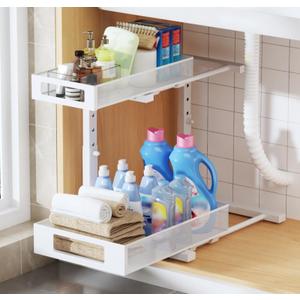 1 Pack 11.6"-16.7" H Under Sink Organizers And Storage Height Adjustable,2-Tier Pull Out Under Cabinet Shelf Organizer,Multi-Use Slide Out Drawer For Bathroom Kitchen Laundry-White