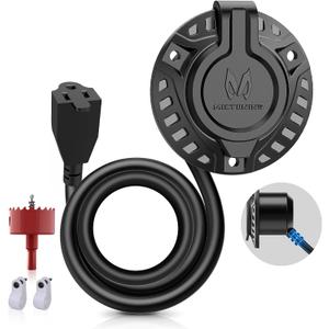 MICTUNING 15A 125V AC Port Plug, 18'' Extension Cord with Power Inlet Socket-Low Port Outlet, Heavy-Duty RV Shore Waterproof Outdoor Electrical Receptacle, with Hole Saw