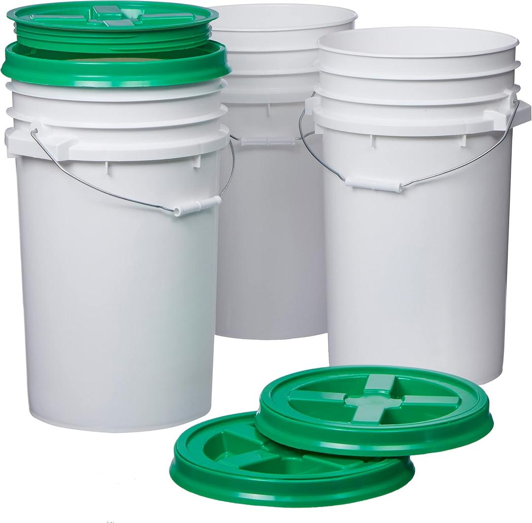 Consolidated Plastics 7 Gallon White Food Grade Buckets + Green Gamma Seal Lids, BPA Free Container Storage, Durable HDPE Pails, Made in USA (3 Pack) (Green Lid)