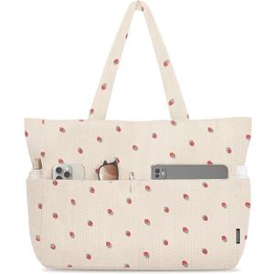 HOMESPON Large Corduroy Tote Bag for Women Everyday Shoulder Bag with Pockets and Zipper for Work Travel Vacation (Strawberry White)