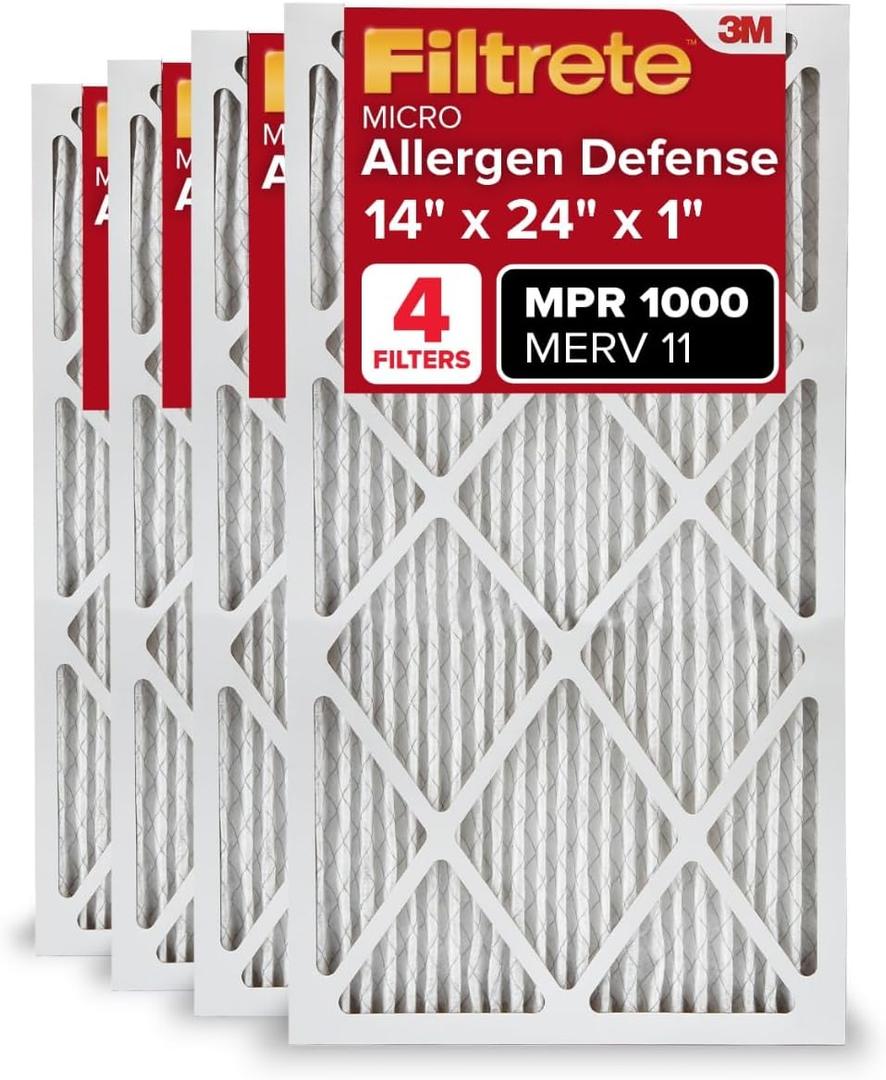 Filtrete 14x24x1 AC Furnace Air Filter, MERV 11, MPR 1000, Micro Allergen Defense, 3-Month Pleated 1-Inch Electrostatic Air Cleaning Filter, 4 Pack (Actual Size 13.81 x 23.81 x 0.81 in) (14 x 24 x 1)