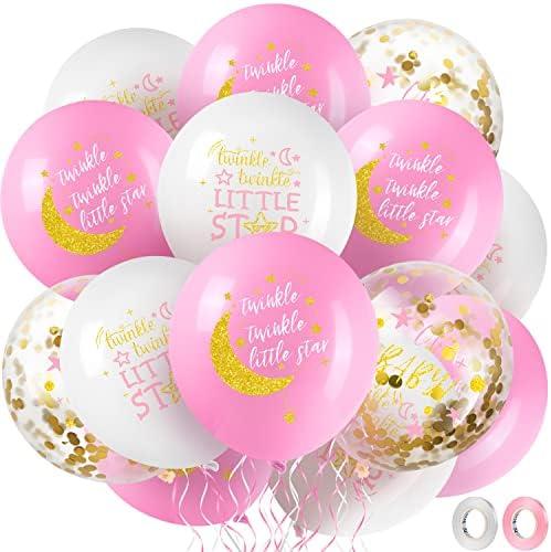 45 Pcs Twinkle Twinkle Little Star 12 Inch Pink and Gold Balloons Set Baby Shower Decoration for Birthday Party Glitter Latex Balloon with 2 Roll Ribbons for Star Party Supplies