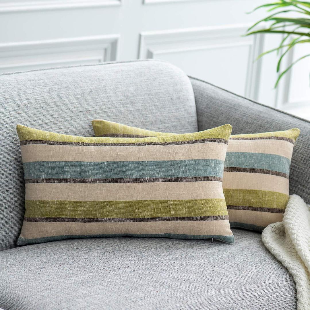 2 Pieces Decorative Classic Retro Stripe Throw Pillow Cover with Hidden Zipper Soft Linen Modern Farmhouse Lumbar Cushion Case for Sofa Bedroom Car 12 x 20 Inch Green Blue Mixed