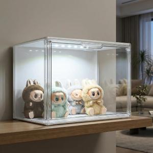 GUDEMAY Clear Showcase with Light, Stackable Acrylic Display Case for Collectibles, Figures, Shoes, Toys & Jewelry, Dustproof Storage Box - Support Voice Control Lighting