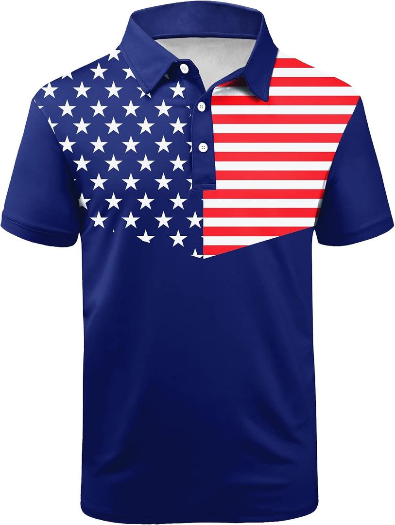 Men's Patriotic Polo Shirts Moisture Wicking Short Sleeves 4th July American Flag Golf Tennis Shirt Casual T-Shirt (L, Blue)