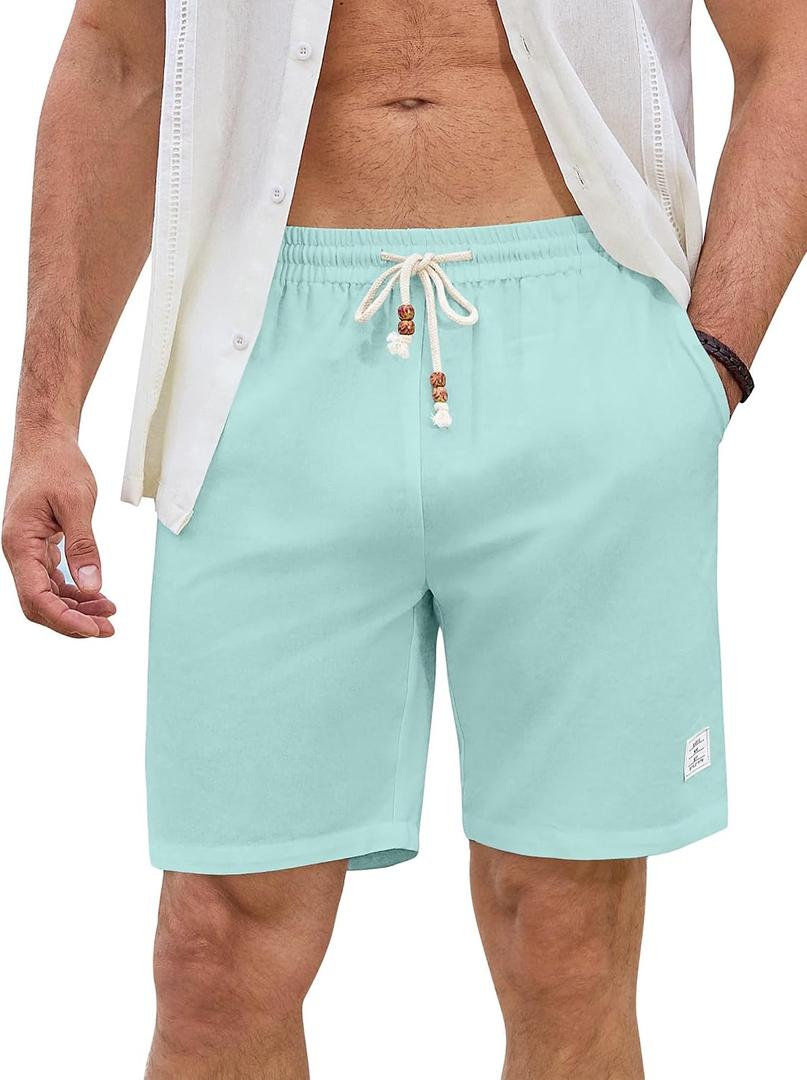 JMIERR Mens Shorts Linen Cotton 7" Casual Elastic Waist Drawstring Lightweight Summer Beach Shorts with Pockets (Blue, L)