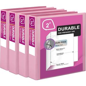 Zzrywuty Durable 3 Ring Binder, 2 Inch, Economy 4 Pack, Each Holds 400 Pages, D-Ring Presentation View Binders for Office, School, Home (Pink)
