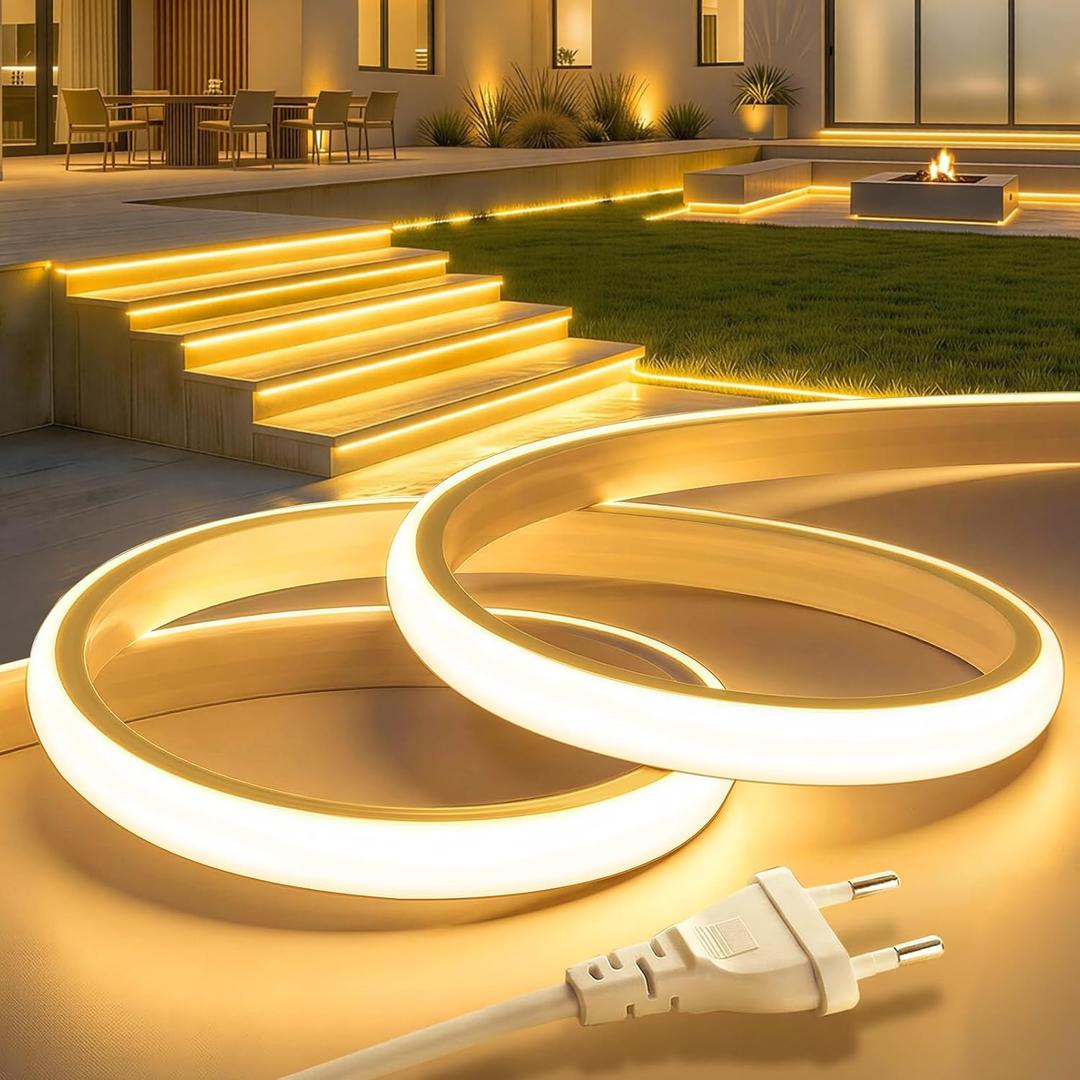 Lamomo COB LED Strip 20 m, Outdoor 3000 K Warm White LED Strip, Waterproof Silicone Neon LED Strip 5760 LEDs, CRI 95+, Flexible, 10 mm Wide, 220 V Direct Plug for Outdoor Garden Commercial Decoration [Energy Class C]