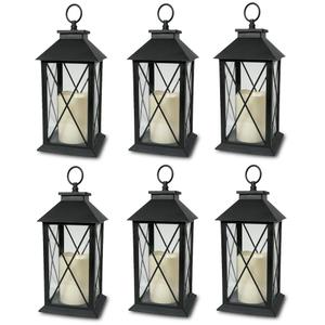 Decorative Black Lanterns Set of 6 with LED Flameless Candles Outdoor & Indoor Lantern Decor with 4 Hour Timer Cross Bar Design Hanging or Tabletop Lanterns 13 Inch