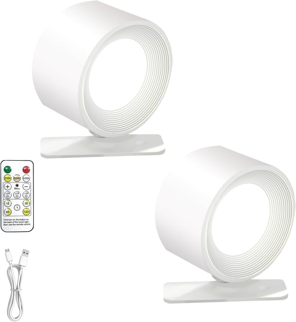 Rechargeable Wall Sconce with Remote & Touch, 360 Rotatable Battery Operated Wall Lights, 3-Color Dimmable, No Drill Adhesive, Ultra Long Battery for Bedroom Reading (White-2PC)