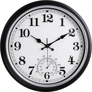 16 Inch Large Outdoor Clock Retro Waterproof Clock Non-Ticking Indoor/Outdoor Wall Clock with Thermometer, Battery Operated for Pool, Patio, Garden, Black