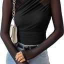 GORGLITTER Women's Sheer Mesh Long Sleeve Top See Throuogh Ruched Criss Cross Tees Shirts Going Out Tops (Medium, Black)