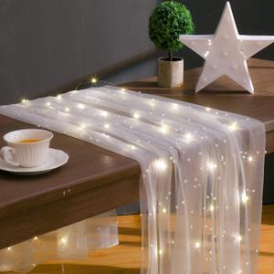 10 ft 64 x 120 Inch White Tulle Table Skirt with LED Lights White Pearl Chiffon Table Runner Tulle Wedding Sweetheart Decor Pearl Arch Decorations Outside Wedding Ceremony