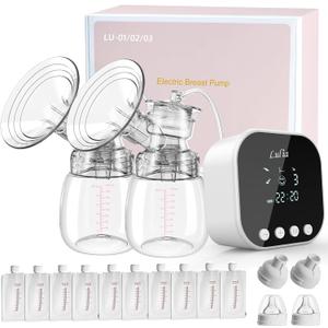 Lulia Double Electric Breast Pump Strong Suction, Portable Breast Pump Electric Breastfeeding Pump, Rechargeable Milk Pump with 4 Modes & 9 Levels, Low Noise, Anti-Backflow & LED Display, 24mm Flange (White)