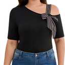 COZYEASE Women's Plus Size Striped Bowknot Cold Shoulder Tee Tops Half Sleeve Slim Fit Casual T Shirt (Black, XXL)