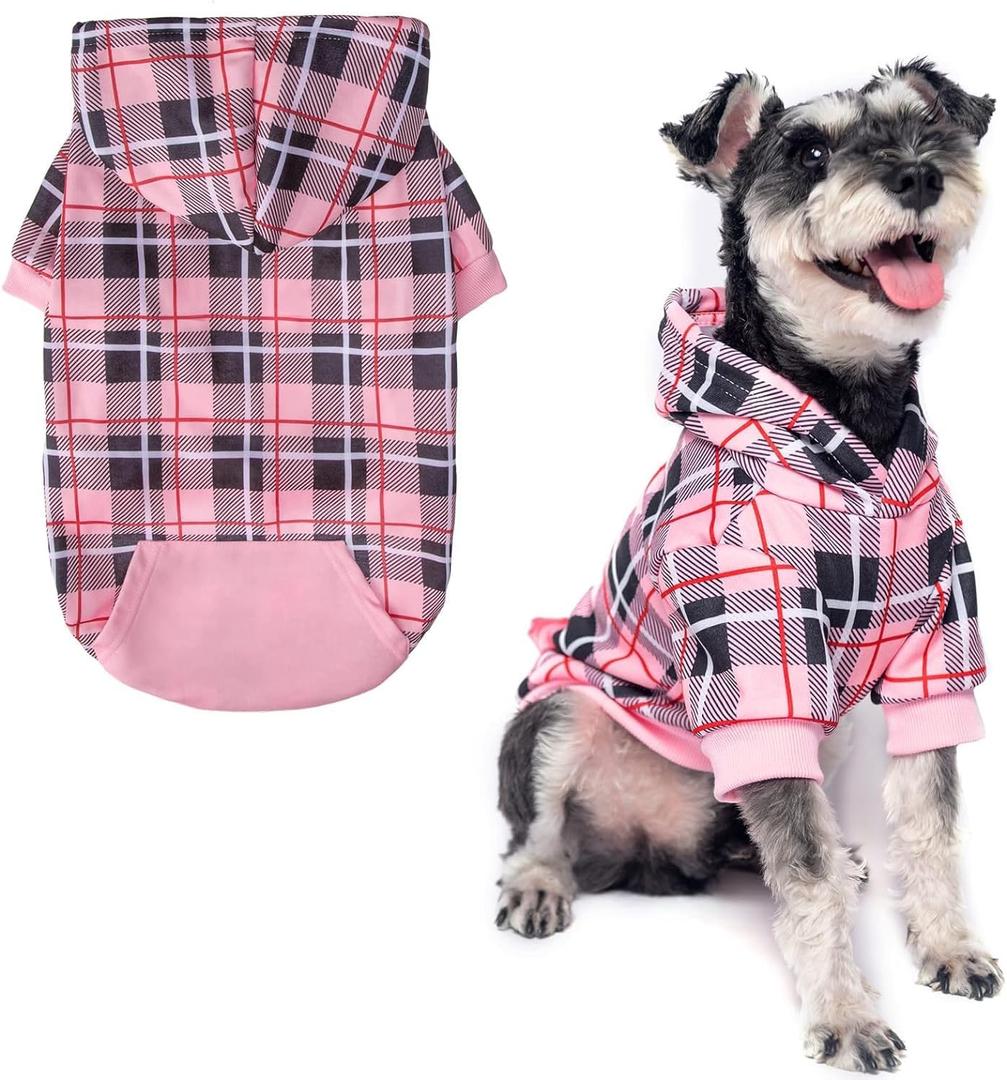 EXPAWLORER Plaid Dog Hoodie - British Style Warm Dog Sweater Shirt with Leash Hole,Pitbull Clothes Outfits,Winter Coat Apparel for All Breeds Puppy Girl Boy-Cat Apparel,Pink Medium