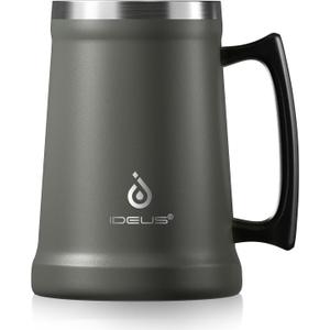 Ideus Insulated Beer Stein, 24/32oz Stainless Steel Double Walled Beer Mug Giant Bar Drinkware Metal Beer Cup with Big Grip Handle (Grey, 24oz (710ml)) (Gray)