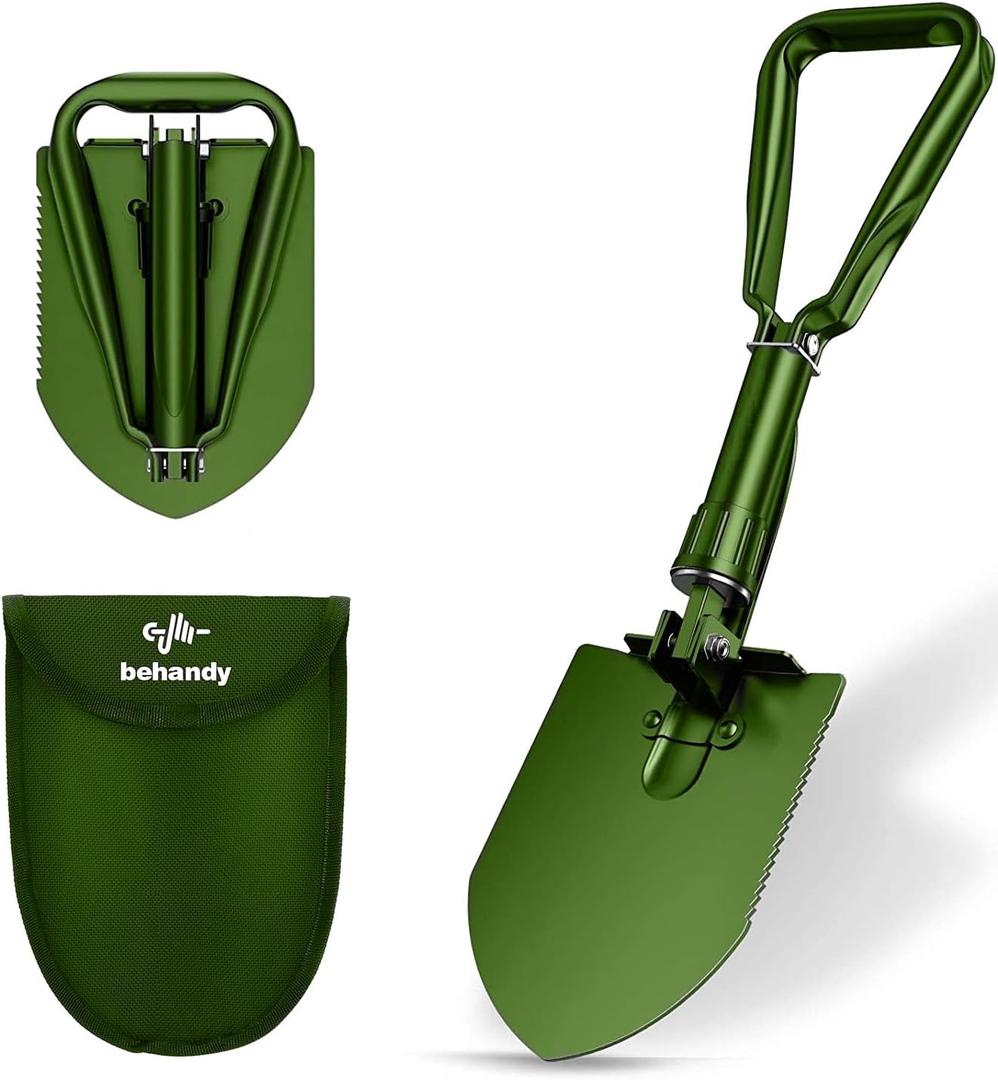 18.5" Folding Shovel, Tri-Fold Collapsible Shovel for Car, Camping Shovel, Military Entrenching Tool for Gardening, Camping, Digging Dirt, Sand, Snow, Off Road, Portable Car Emergency kit (Olive)