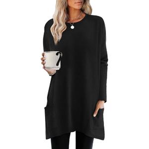 XIEERDUO Womens Tunic Tops Long Sleeve Crew Neck High Low Hem Loose Fit Shirts Blouses with Pockets (3X-Large, Black)