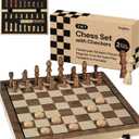 PlayVibe Wooden Chess Set 15'' & Checkers Board Games for All Players with 2 Extra Queens - Handmade Classic Wooden Chess Board, Portable & Folding Playtime Boards, Beginner & Professional Use