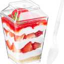 Qeirudu 50 Pack 5 oz Dessert Cups with Lids and Spoons - Plastic Pudding Cup Small Parfait Shooter Glasses for Pastry Cheesecake Mousse Jello