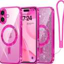 Meifigno Designed for iPhone 16 Plus Case 6.7", [Glitter Card & Wrist Strap] [Compatible with MagSafe] Full Lens Protection Designed for 16 Plus Case, Hot Pink