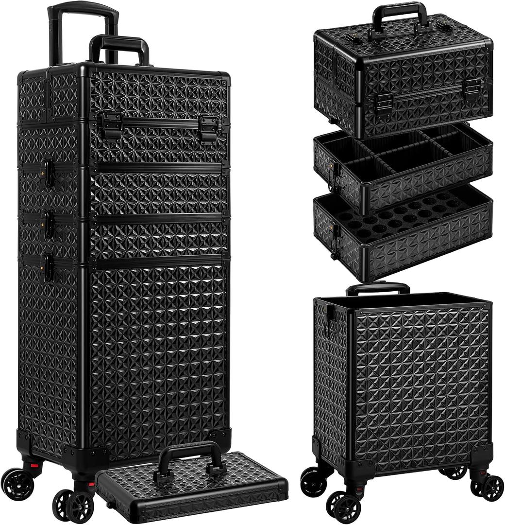 AROUS 5 in 1 Rolling Makeup Train Case Cosmetology Case on Wheels Large Cosmetic Organizer Travel Cart for Hairstylist Artist Nail Beauty Salon Barber, Black (EXP 11/28/35)