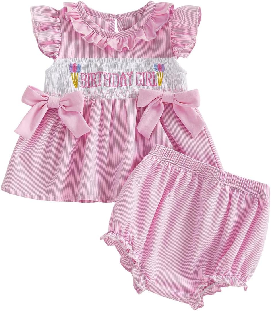 Baby Girl Birthday Outfit Letters Bow Embroidery Short Sleeve Shirts Elastic Waist Shorts Birthday Summer Clothes (Pink,  3-6 Months)
