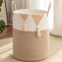 OIAHOMY Large Laundry Basket Hamper - 100L Cotton Rope Woven Basket for Blankets, Toys, Clothes - Tall Decorative Nursery Hamper with Long Handles, Brown/White