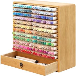 Marker Organizer for 216 Markers, Wooden Marker Storage Organizer with 24 Slots, Bamboo Marker Holder with Drawer for Art Supplies and Pens,Classroom Office Decor