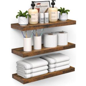 BAYKA Floating Shelves for Wall  Bathroom Shelves Rustic Wood with Metal Brackets for Bathroom, Bedroom, Kitchen, or Living Room Decor  Rustic Brown, Set of 3, Sturdy Storage with 22lb Capacity (15.7inches)