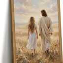 Jesus Walking With Me Wall Art Christian Canvas Wall Decor Jesus Women Poster Christ Pictures Religious Lds Art Prints Christian Portrait Painting for Living Room Bedroom 16x24 Inch Framed