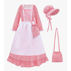 Meland Pioneer Dress for Girls - Colonial Floral Costume with Bonnet, Apron & Purse, Pionner Outfit for Girls, Size Large