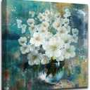 Anolyfi Bathroom Botanical Florals Prints Wall Art Rustic White Flowers Plants Canvas Painting Teal Picture Abstract Artwork Framed for Nursery Bedroom Living Room Kitchen Office Home Decor 20"x20", White / Flowers Print