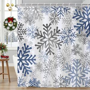 deFouliao Christmas Shower Curtain Blue and Grey Snowflakes Winter Glitter Bathroom Shower Curtain Sets for Winter Holiday New Year Waterproof Fabric with Hooks, 72x72 Inch