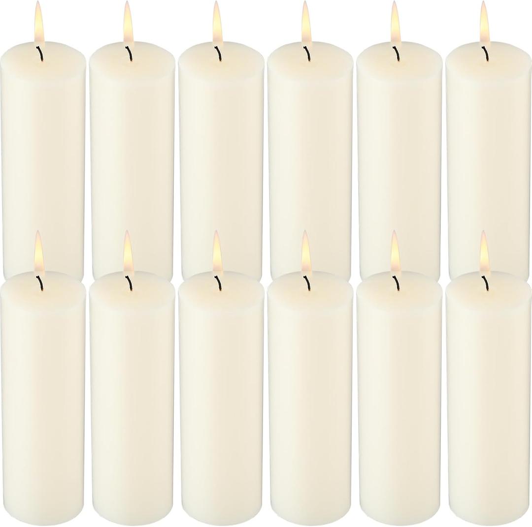 Lounsweer 12 Pack Ivory Pillar Candles Bulk Large Unscented Paraffin Wax Long Lasting Candles Clean Burning Supplies for Home Decor Wedding Party Dinner Bath Spa(2 x 6 Inch)