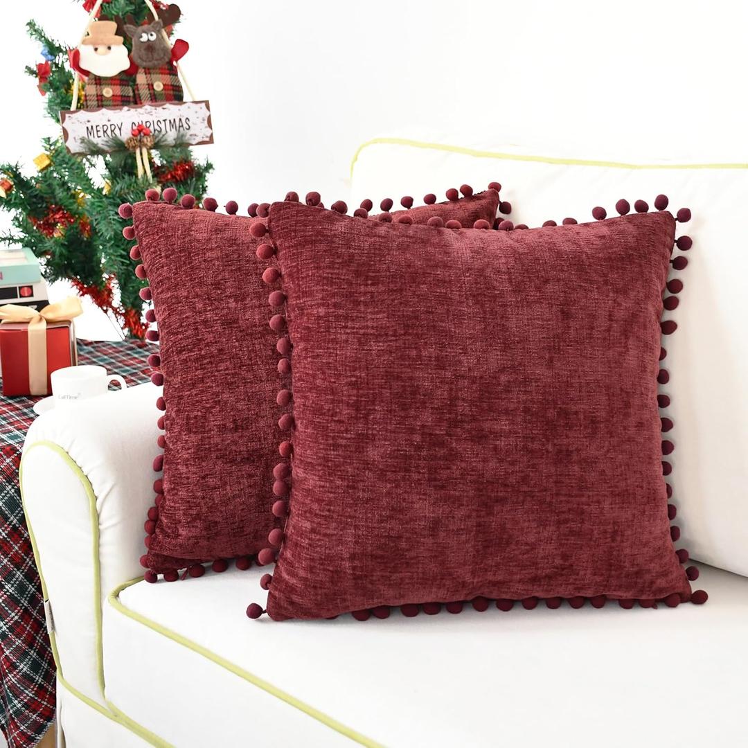 CaliTime Throw Pillow Cases Pack of 2 Cozy Solid Dyed Soft Chenille Cushion Covers with Pom Poms for Couch Sofa Home Decoration 20 X 20 Inches Burgundy