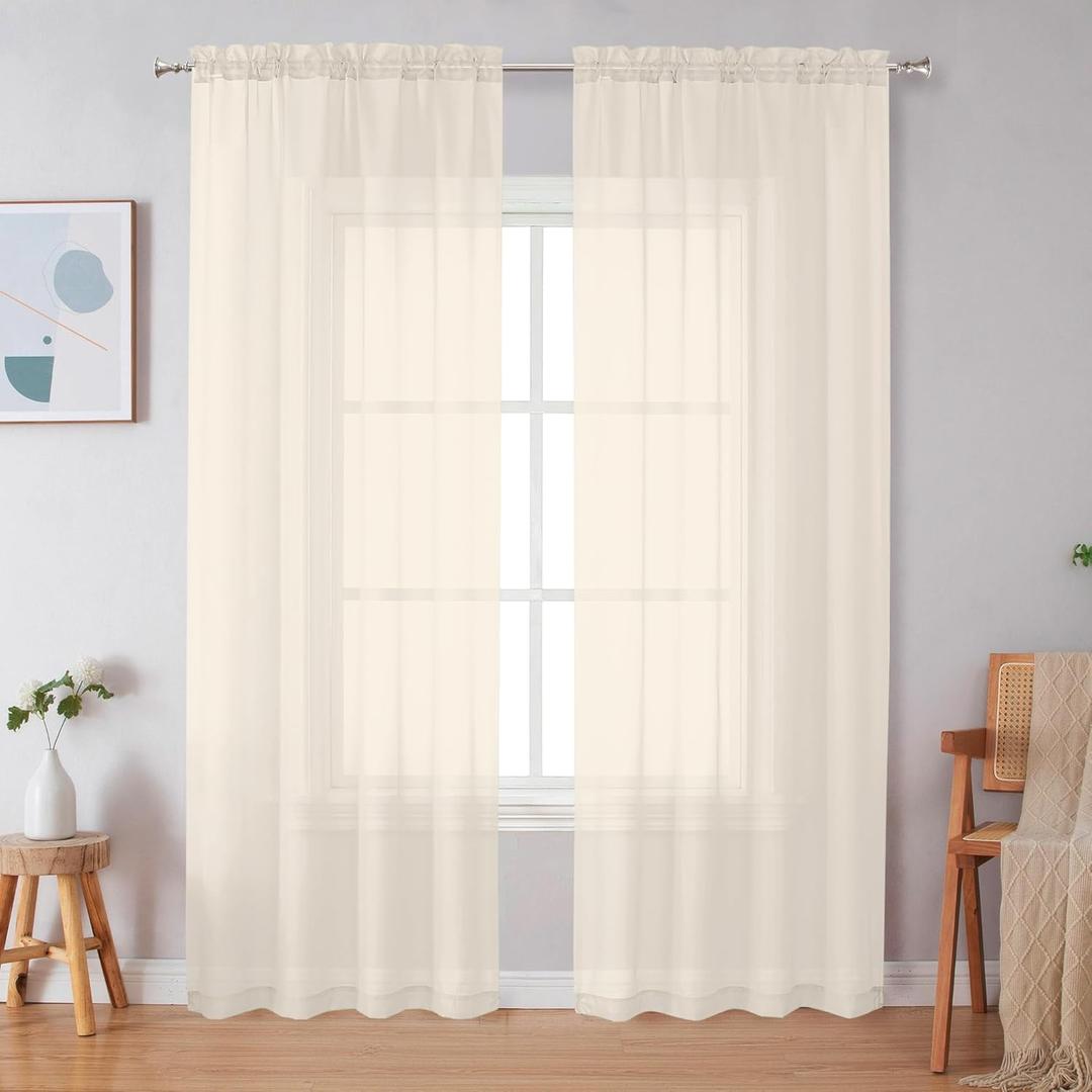 Simplebrand Cream Sheer Curtains 84 Inches Long 2 Panels, Light Filtering Rod Pocket Solid Color Window Sheer Curtain Panels, Elegant Curtains & Drapes for Living Room, Bedroom (Cream, 42" W x 84" L)