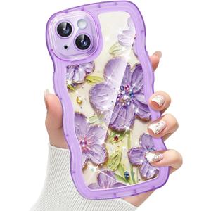 Compatible with iPhone 15 Case for Women, Cute Curly Wave Frame with Bling Glitter Butterfly Pattern, Full Camera Protection, Slim TPU Aesthetic Clear Phone Case for iPhone 15, Purple Flower