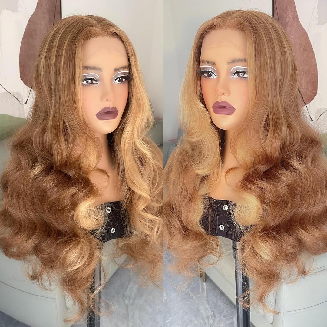 Honey Blonde Lace Front Wig Body Wave Synthetic Wig Highlight Wigs For Women 180% Density Transparent Lace Frontal Wigs (26 Inch)