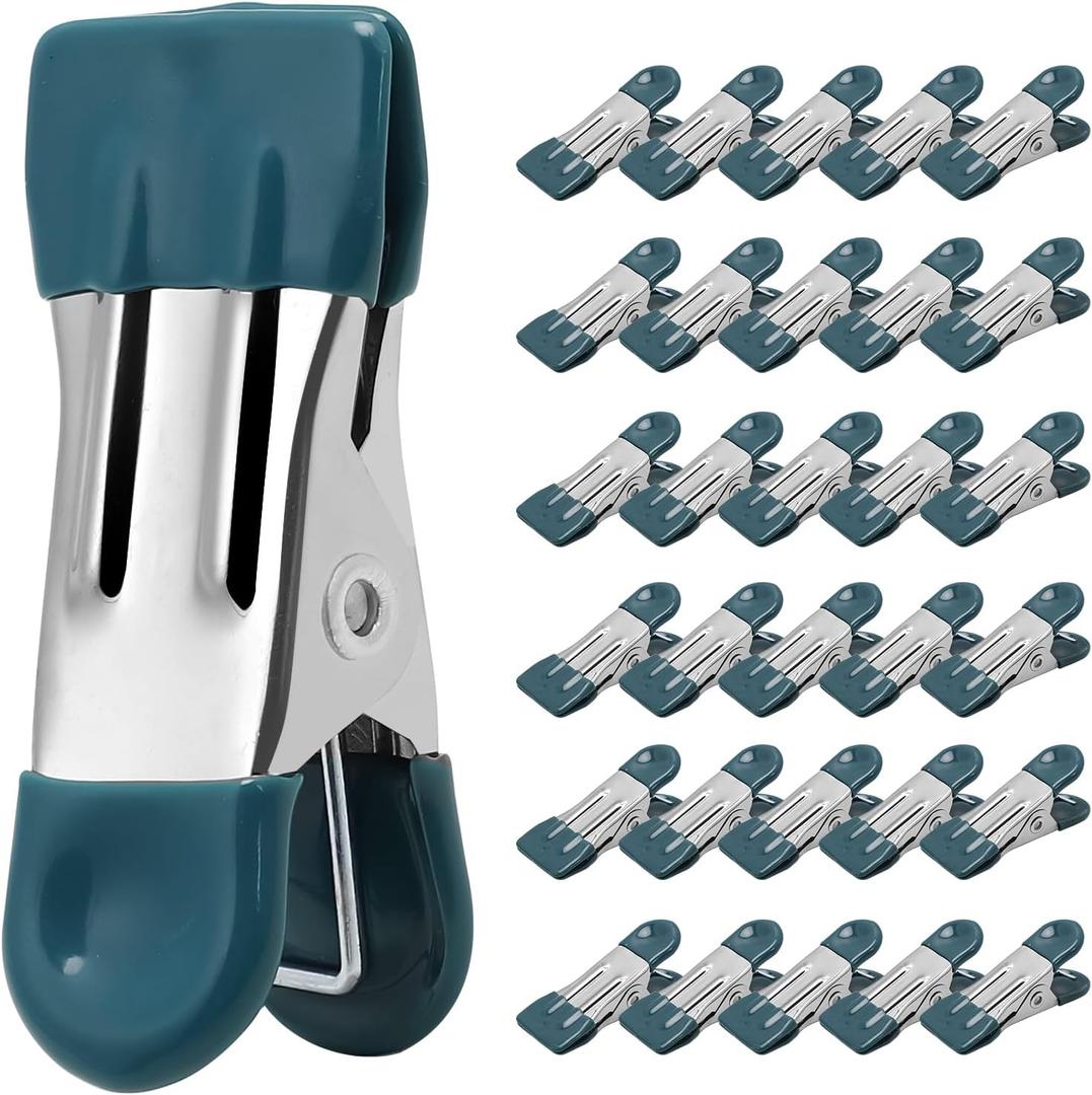 Clothes Pins Heavy Duty 30 Pack - 2.17 Inch Metal Chip Clips, Clothespins for Photo Drying Clothesline Laundry Sock, Bag Clips for Food Kitchen Stainless Steel with Rubber, Dark Green