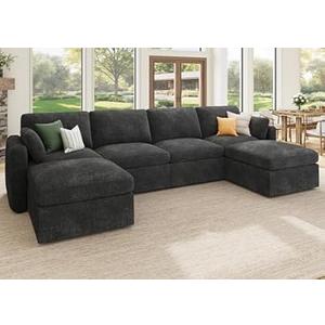 HONBAY Sectional Couch with Storage Seats, Modular Sofa with Storage Ottoman, U Shaped Sectional Couches for Living Room, Grey