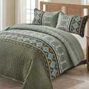 WONGS BEDDING Boho Quilt Set California King, 3 Piece Olive Green Oversize Fall Bedspread Coverlet Set with Geometry Printed for All Season, Lightweight Oversized Bohemian Bedding Set 106"×96"
